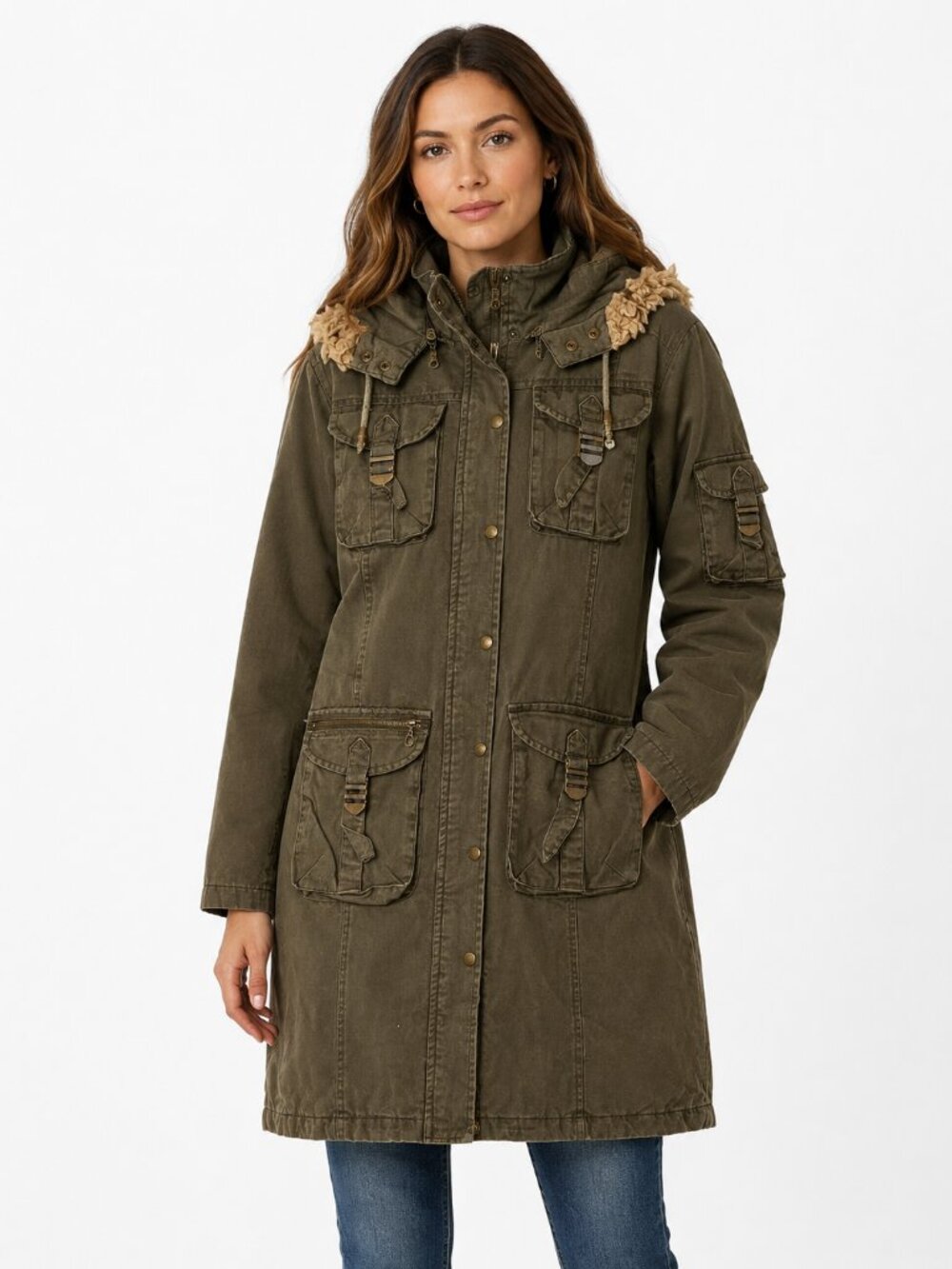 Garage Vintage Y2K Utility Parka Jacket Olive Green Faux Fur Trim Small